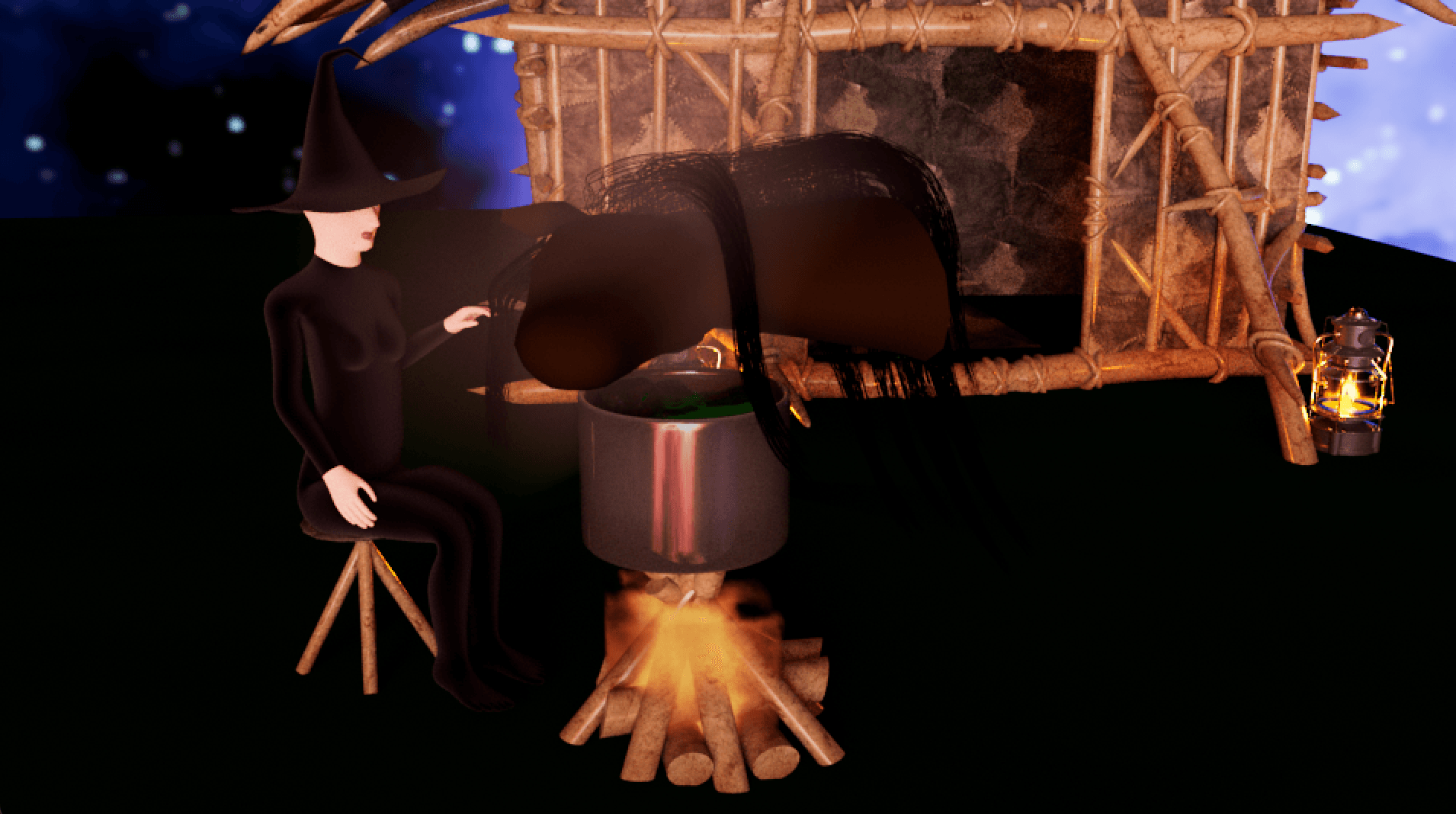 Magic witch trying to cook a horse head in her crockpot